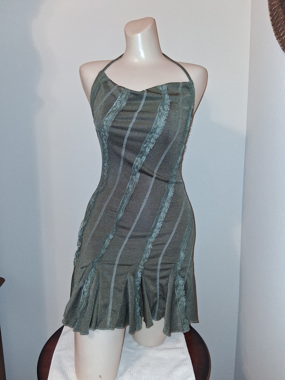 Olive Green Halter Mini Dress with Flared Hem